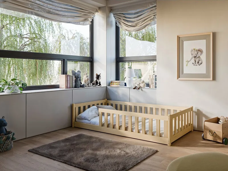 Kids Collective Kinderbett Bodenbett Bett mit Rausfallschutz & Lattenrost Montessori Bett Kinder (Jungen, Mädchen, Kinder, weitere Größen 80x160, 80x180, 90x190, 120x200, 140x200 cm), Jugendbett Gitterbett Einzelbett, natur Kiefer 90x200 cm, Beige, – Produktbild 4 von 5