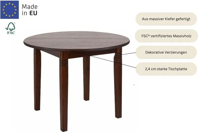 OTTO home Esstisch Danuta, Tisch, Speisetisch, aus massiver Kiefer, runde Ausführung, Braun, – Produktbild 4 von 5