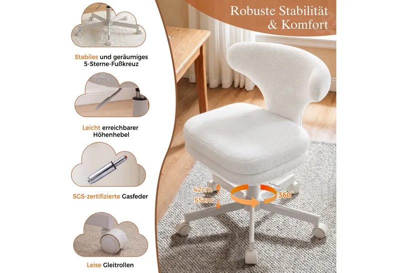COMHOMA Bürostuhl Homeoffice Stuhl Schminkstuhl mit Rollen, Drehstuhl, mit Umschließender Rückenlehne und Zweilagiges Sitzkissen, Weiß, – Produktbild 2 von 5