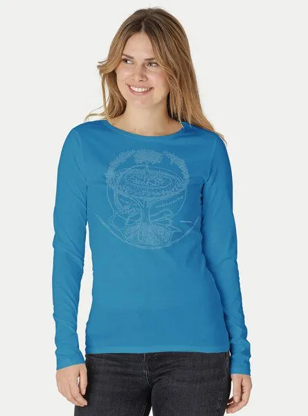 Peaces.bio - handbedruckte Biomode Peaces.bio - handbedruckte Biomode Bio-Damen-Langarmshirt "Weltenesche", Türkis, – Produktbild 2 von 3
