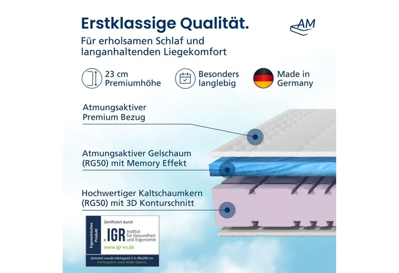 Gelschaummatratze 7-Zonen Gelmatratze mit Memoryeffekt, Premiumhöhe, Hochwertiger Bezug, AM Qualitätsmatratzen, 23 cm hoch, 80x200 cm – Produktbild 3 von 5