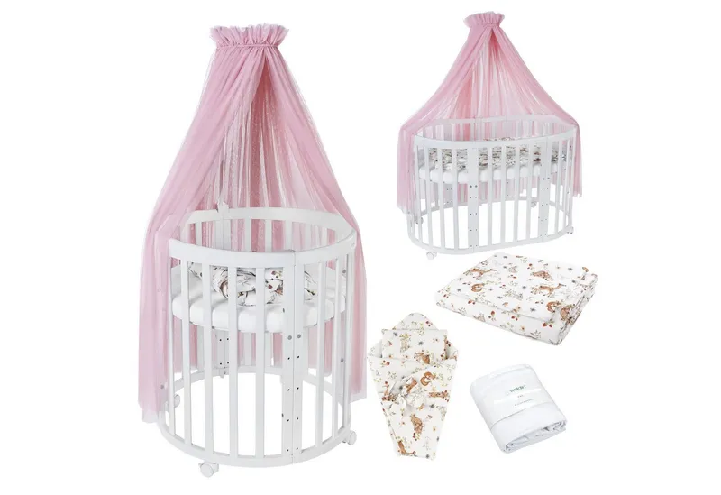 Waldin Waldin Babybett Oval 7in1 mitwachsend, Beistellbett, Matratze, Rollen, Rosa, – Produktbild 1 von 5