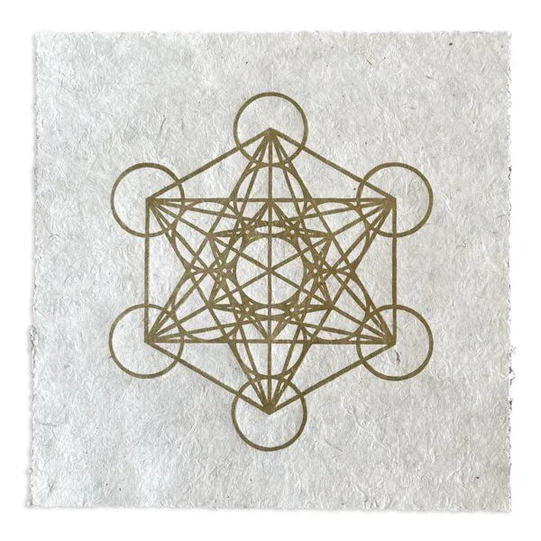 Veskor Cassiopeia Veskor Cassiopeia METATRON WÜRFEL Heilige Geometrie Linoldruck | 22 × 22 cm | Gold auf Naturweiß – Produktbild 1 von 4