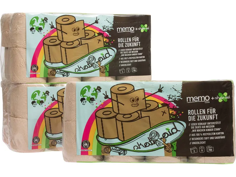 Memo Memo Toilettenpapier "skate-aid" 3-lagig aus Kartonage (150 Blatt), 7 x 8 Rollen – Produktbild 1 von 1