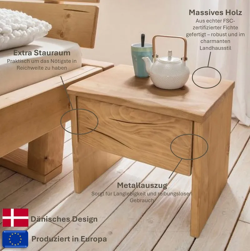 OTTO home Nachtkonsole Ultima Balkenbett Doppelbett, Füße mit Kufenform, Massivholz, Skandinavisches Design, Robust, stabil, FSC zertifiziert, Beige, – Produktbild 8 von 8