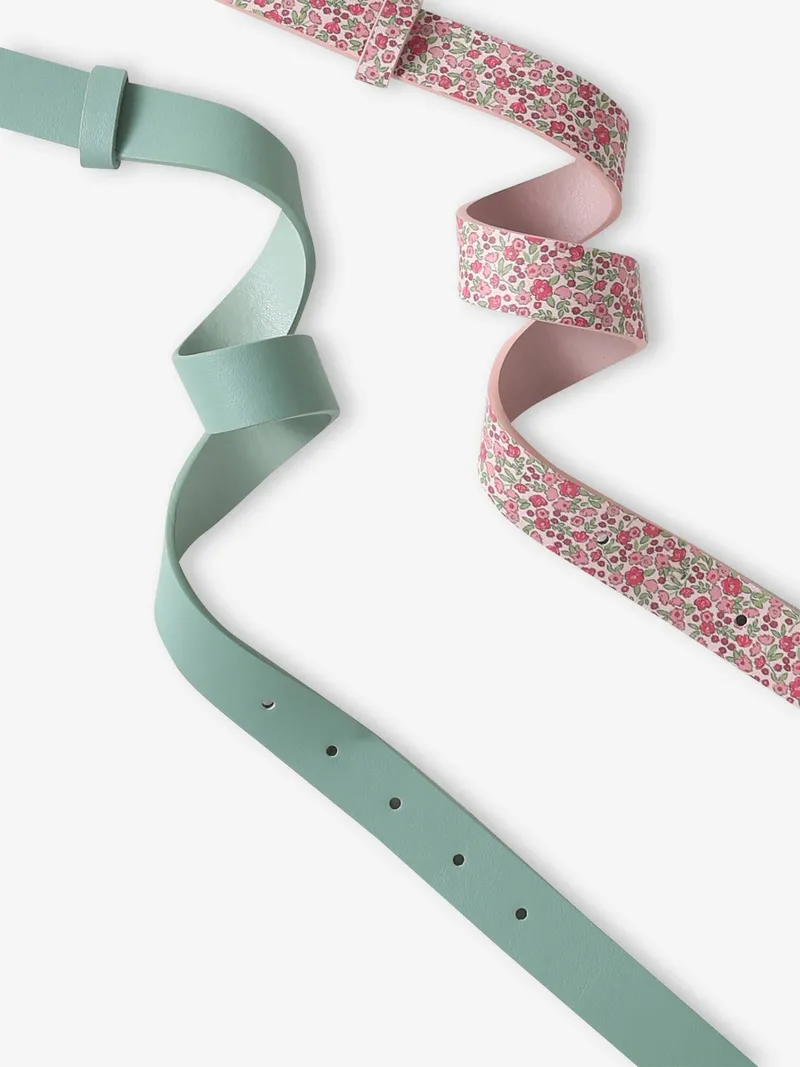 Vertbaudet 2er-Pack Mädchen Gürtel mit runder Metallschnalle, Pack grün+rosa geblümt, – Produktbild 3 von 3