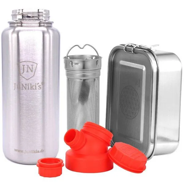 JN JuNiki's JN JuNiki's Set "Blume des Lebens": Lunchbox + 1 Liter Edelstahltrinkflasche + Teefilter, Rot, – Produktbild 1 von 4