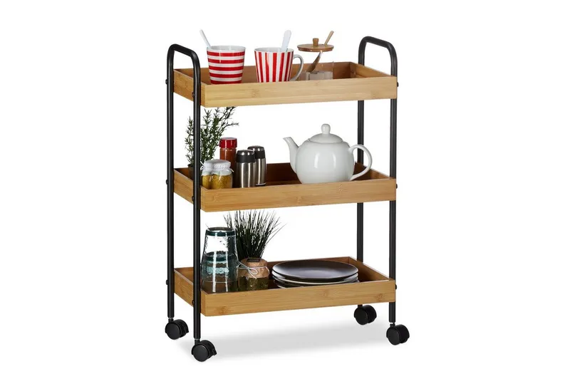 RELAXDAYS RELAXDAYS Küchenwagen Bambus Rollwagen mit 3 Ablagen, (1 St), Braun|schwarz, – Produktbild 1 von 5