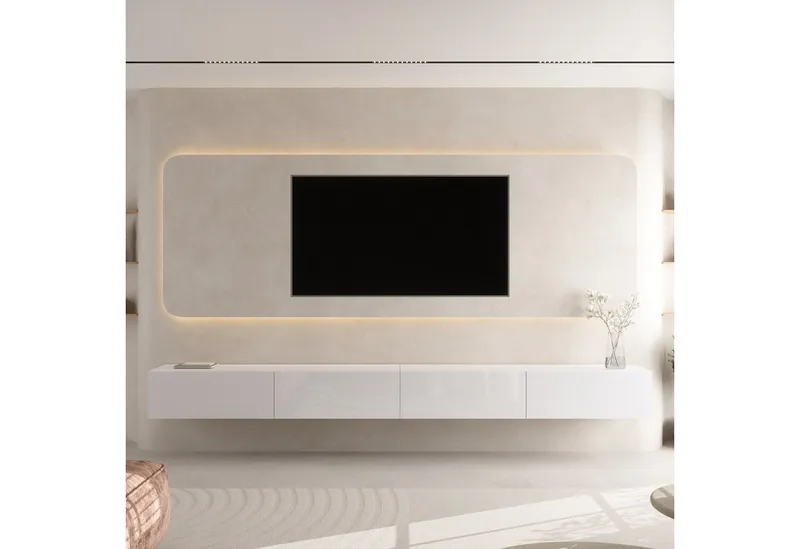 Planetmöbel TV-Schrank West TV-Board, Fernsehtisch 320 cm lang, TV-Lowboard (für Fernseher bis 75 Zoll, TV Schrank viel Stauraum, sideboard hängend, Fernsehschrank 2x 160 x 30 x 37,5 cm) weiß, Weiß, – Produktbild 3 von 4