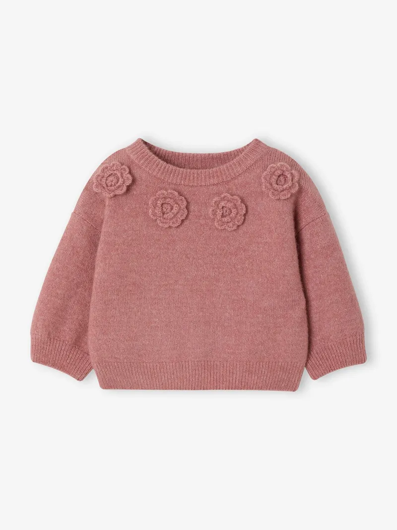 Vertbaudet Baby Pullover mit gehäkelten 3D-Blumen pudrig, Pudrig rosa, – Produktbild 3 von 3