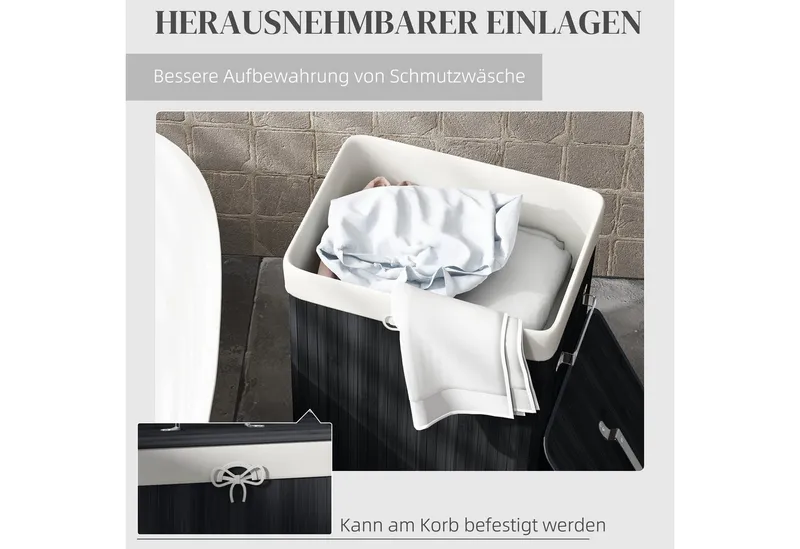 HOMCOM HOMCOM Wäschekorb schmal Wäschesammler mit Griff, für Schlafzimmer & Bad, Schwarz (Set, 1 St., Wäschekorb mit Wäschesack), 72L, Bambus, herausnehmbarer Wäschesack, Deckel, Schwarz, – Produktbild 5 von 5