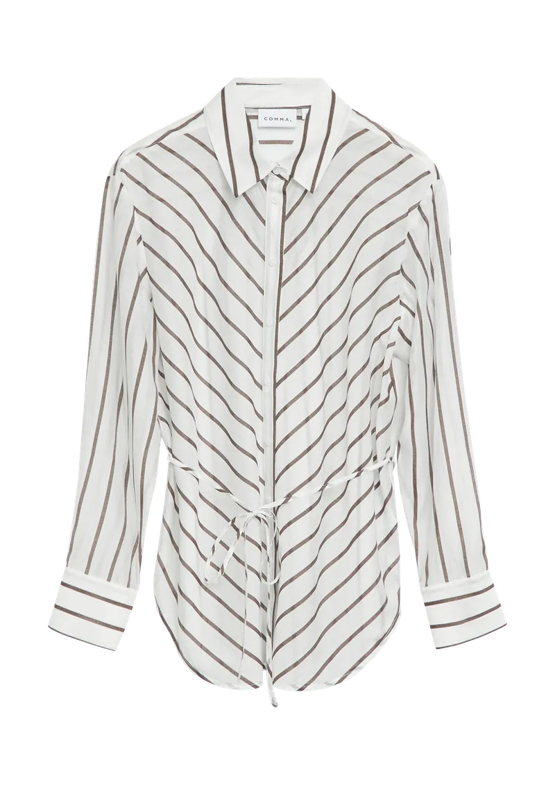 comma comma Semitransparente Lyocellmix-Bluse mit Gürtel, Weiß|braun, – Produktbild 1 von 3