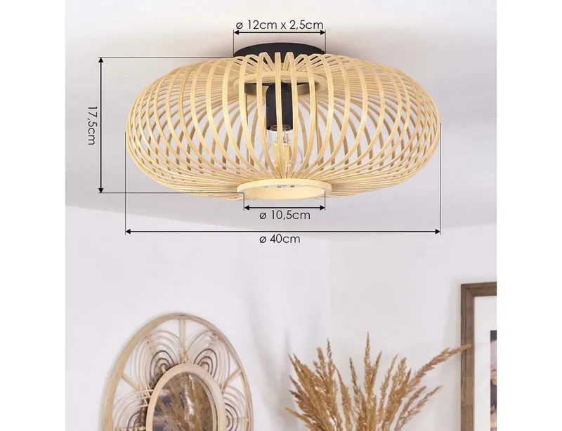 hofstein Deckenleuchte »Aidone« runde Deckenlampe aus Holz/Metall in Natur/Schwarz, ohne Leuchtmittel, Leuchte in Gitter-Optik,Lichteffekten an der Decke, Ø40cm, 1xE27, Beige, – Produktbild 4 von 5