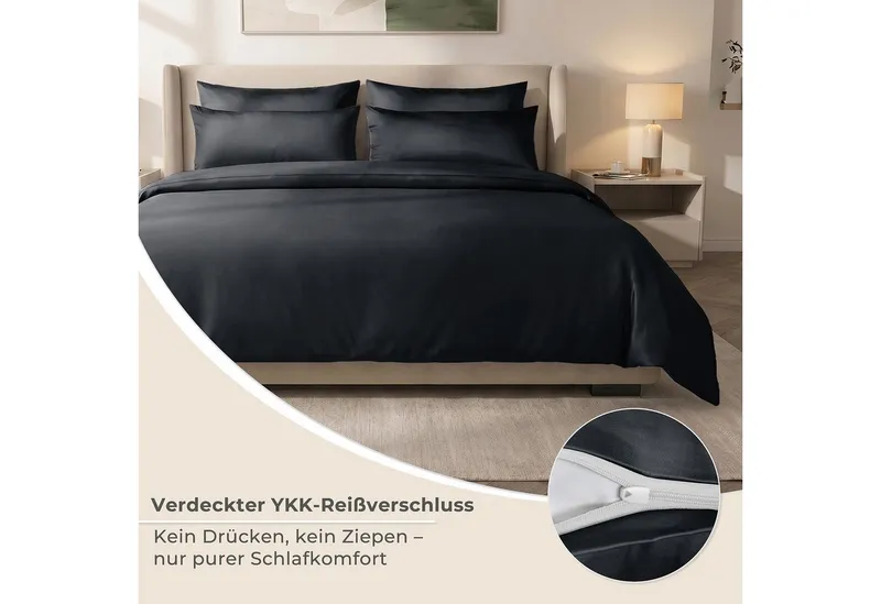 Laynenburg Bettwäsche Eukalyptus aus 100% Tencel Lyocell ab Gr. 135x200, kühlende, atmungsaktive Sommer-Bettwäsche mit Reißverschluss, Schwarz, – Produktbild 4 von 5