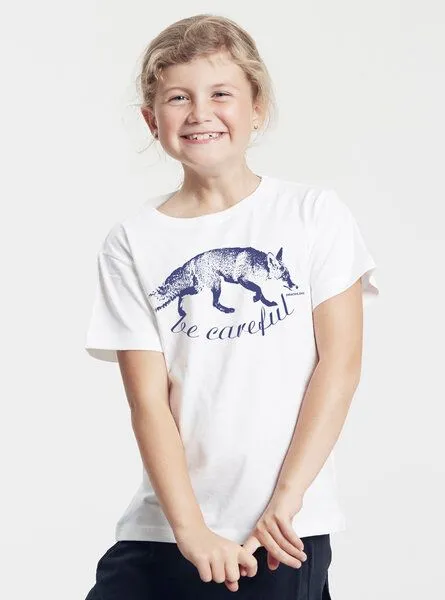 Peaces.bio - handbedruckte Biomode Peaces.bio - handbedruckte Biomode Bio-Kinder T-Shirt Be Careful, Weiß, – Produktbild 2 von 3