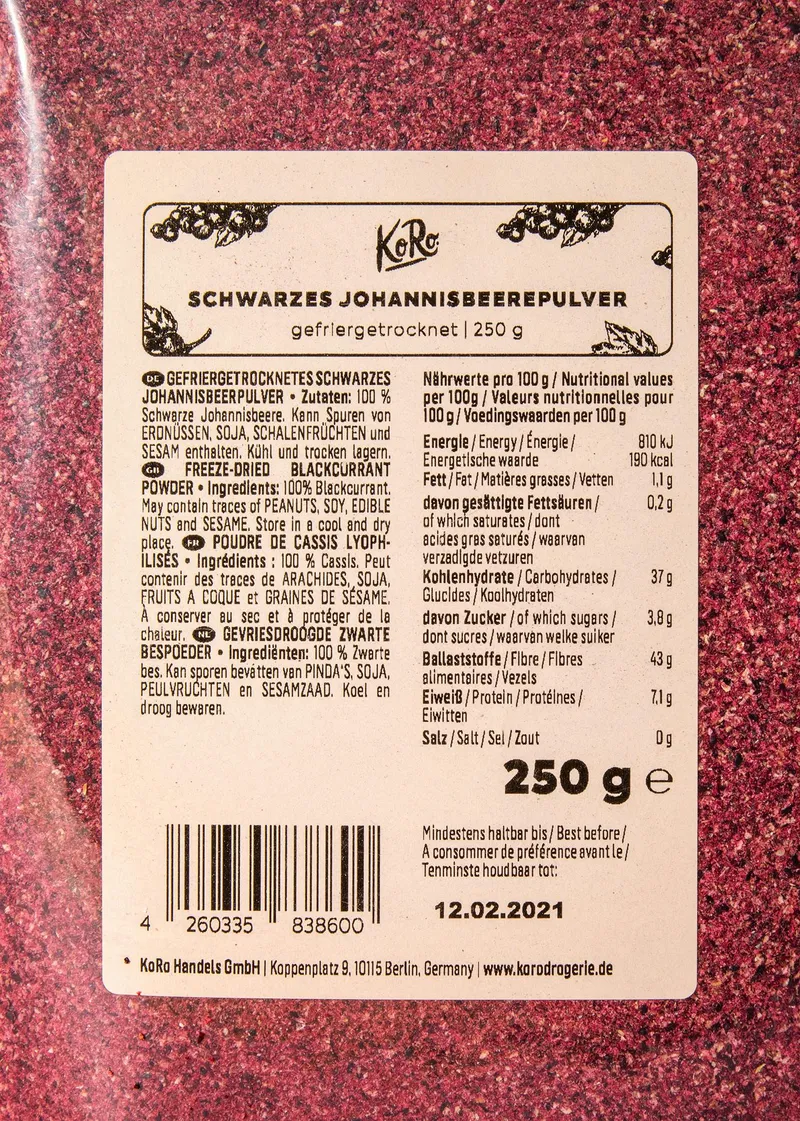KoRo Gefriergetrocknetes schwarzes Johannisbeerpulver 250 g – Produktbild 1 von 5