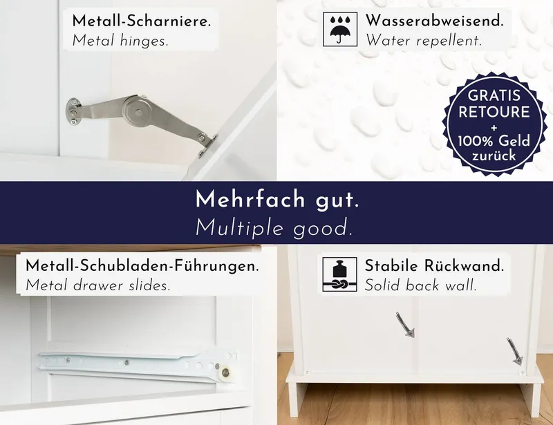 WONDERMAKE Wäschebox Mülleimer-Schrank Wäscheschrank Wäschesammler mit Schublade, Bad Küche, hoch aus Holz + Bambus, Wäschetruhe Abfallschrank ausklappbar klappbar, Weiß, – Produktbild 5 von 5
