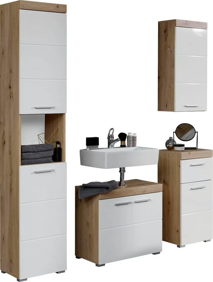 welltime Badmöbel-Set Avena, (Set, 4-St), Badmöbel - Hochschrank, Waschbeckenschrank, Hängeschrank und Kommode, Weiß, – Produktbild 2 von 5