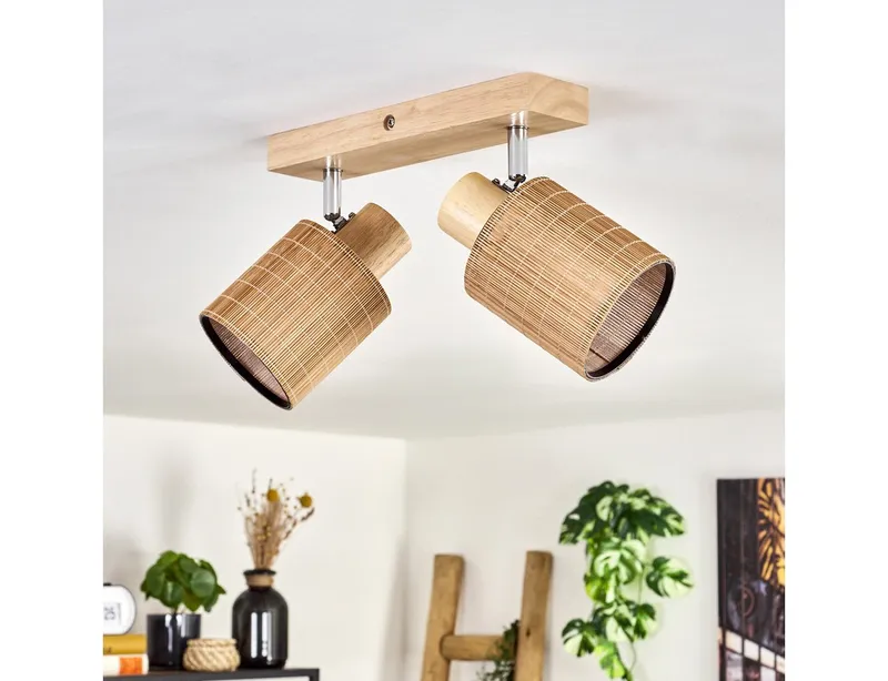 hofstein Deckenleuchte Deckenlampe aus Holz/Metall/Bambus in Naturfarben/Chromfarben/Braun, ohne Leuchtmittel, mit verstellbaren Strahlern, 2 x E14, ohne Leuchtmittel, Beige, – Produktbild 2 von 5