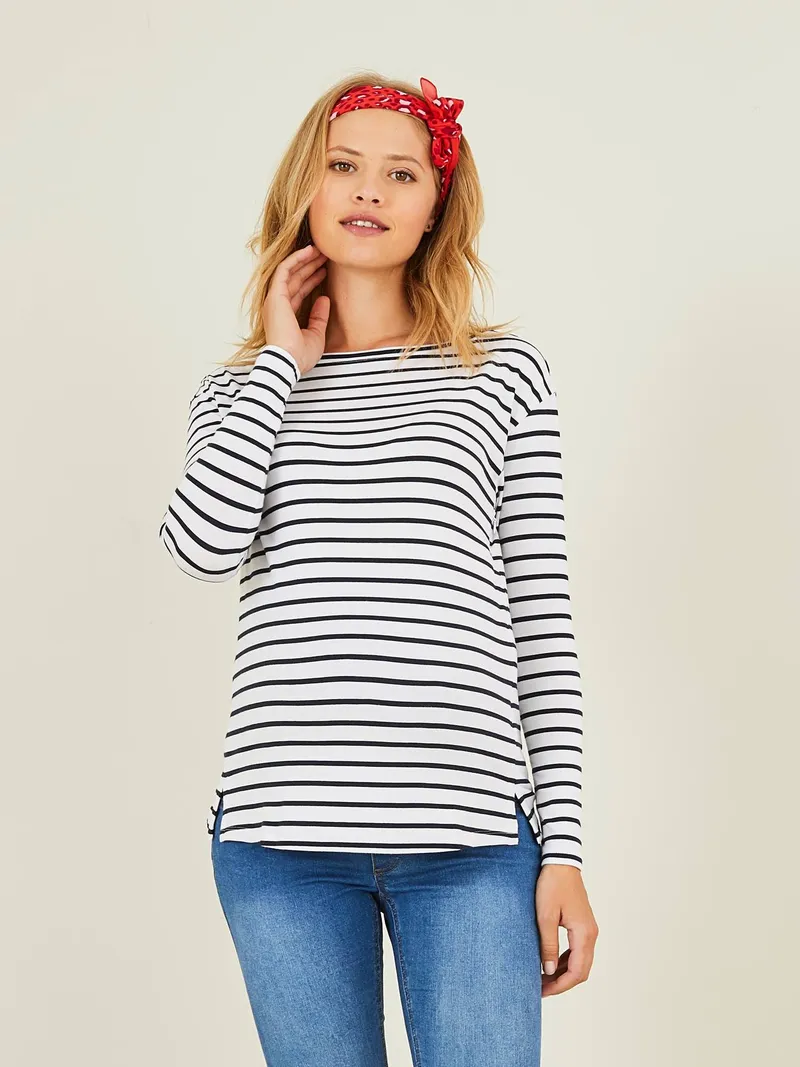 Vertbaudet Umstandsshirt mit verdeckten Stillöffnungen, Weiß/blau gestreift, – Produktbild 1 von 4