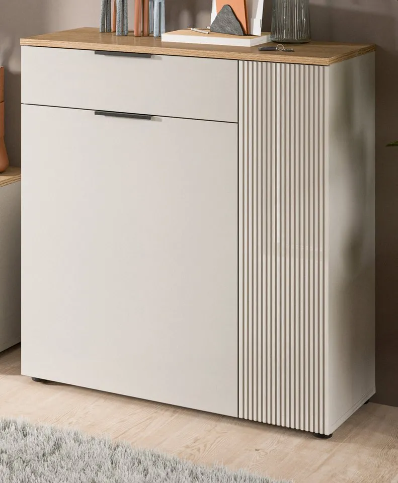 Inn.Furn Schuhkommode Skid (Kommode in Kaschmir Sand mit Eiche, 80 x 88 cm), Vollauszug und Fräsungen, Beige, – Produktbild 2 von 5