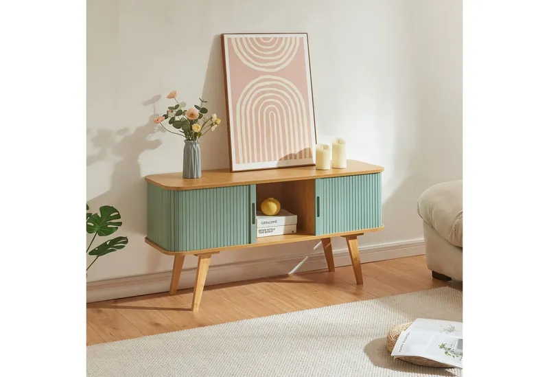 en.casa TV-Schrank »Tysvær« mit 2 Schiebetüren 120 x 40 x 58 cm Bambus/Blau, Blau, – Produktbild 1 von 5