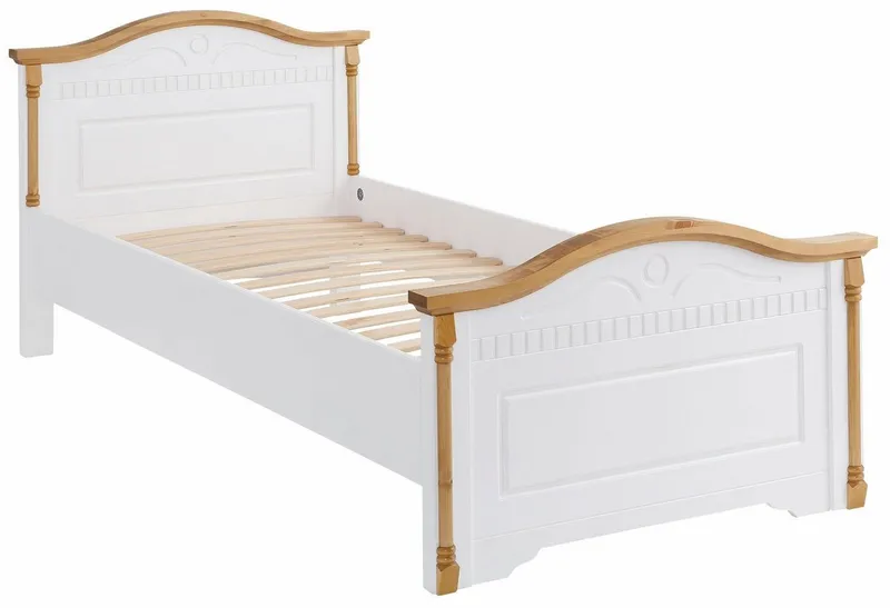 OTTO home Massivholzbett Graz, hohe Belastbarkeit, klassischer Landhausstil, FSC® zertifiziert (Breite/Belastbarkeit 180cm/220 KG, 90cm/=120KG), mit dekorativen Fräsungen, inklusive Lattenrost, Weiß, – Produktbild 6 von 8