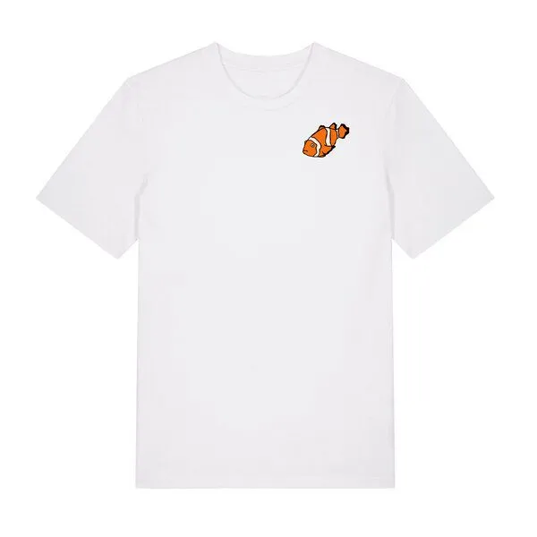 Spangeltangel Spangeltangel T-Shirt bedruckt, "Clownfisch", nachhaltig, Biobaumwolle, Brustprint, Herren, Männer, bio, Tiere, Fische, Meer, Ozean, Weiß, – Produktbild 1 von 2