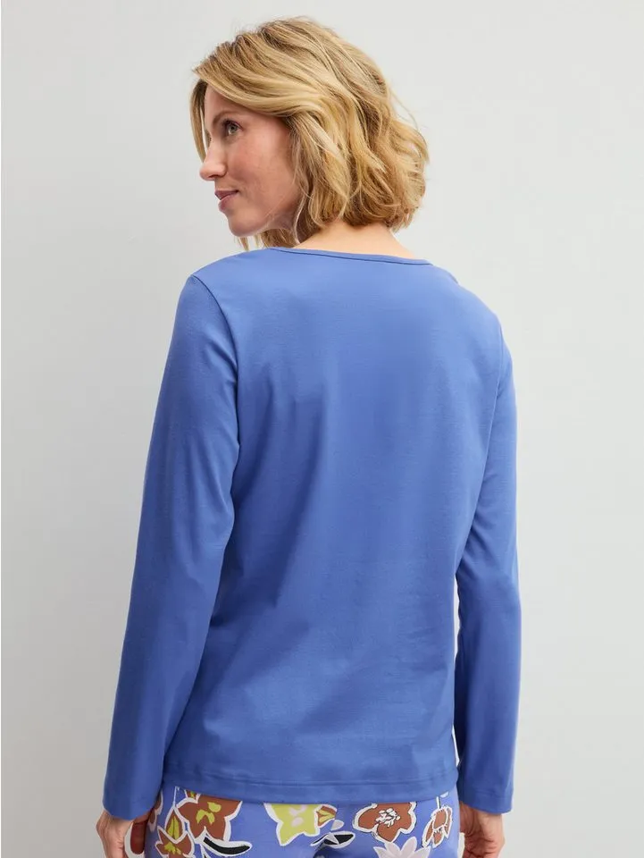 CALIDA CALIDA Langarmshirt Sleep Over M&M Damen (1-tlg) mit Knopfleiste, weiche Baumwolle und glatte Qualität, Blau, – Produktbild 4 von 5