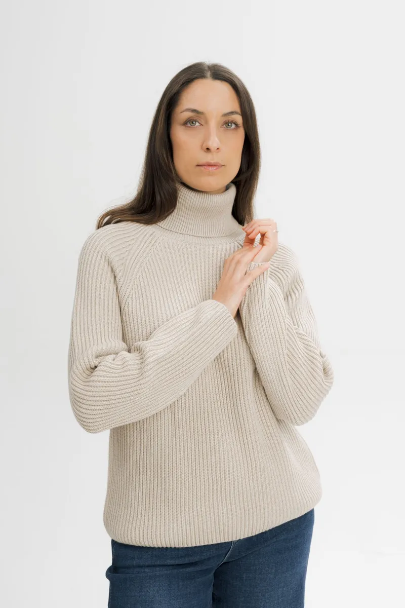 MELA MELA Damen vegan Strickpullover Mit Rippenmuster Und Rollkragen Chirha Pebble Melange, Beige, – Produktbild 2 von 2