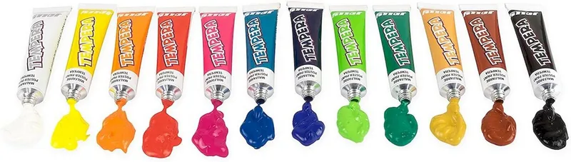 Jolly Jolly Temperafarbe Tempera Farben, 12 verdünnbare Flüssigfarben (12x7,5ml), in komfortabler Metallbox, Blau|braun|bunt|gelb|grün|rot|schwarz, – Produktbild 5 von 5