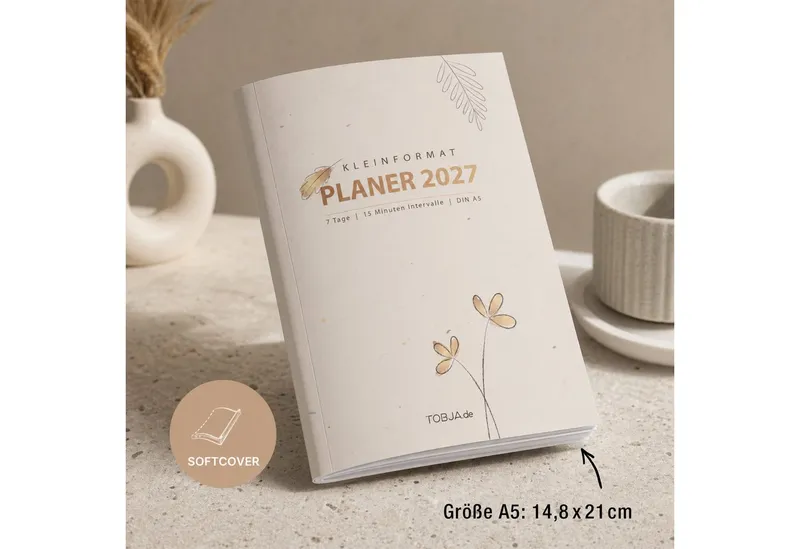 TOBJA Buchkalender Praxisplaner 2027 A5 Flora Terminplaner Salon Kosmetik 15 Min Takt FSC, 15-Min-Takt 7-21 Uhr, A5, 1 Wo 2 Seiten, FSC-Papier, Blumen-Design, Schwarz, – Produktbild 3 von 5