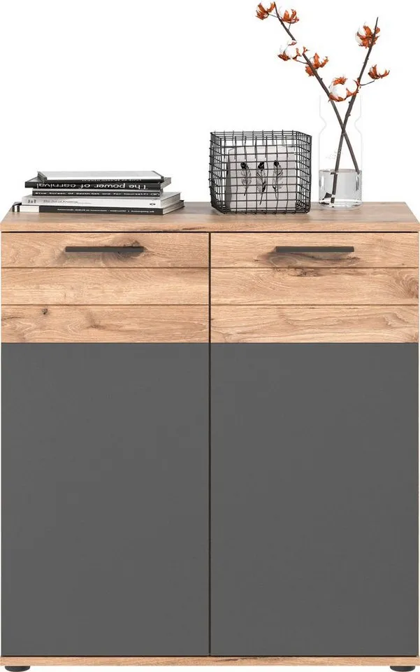 Home affaire Sideboard Riga, Breite 90 cm, 2 Türen mit Softclose, 4 Einlegeböden, 6 Fächer, hochwertige Rillenfräsung, Schuhkommode, Kommode, Anrichte, Schrank, Grau, – Produktbild 3 von 5