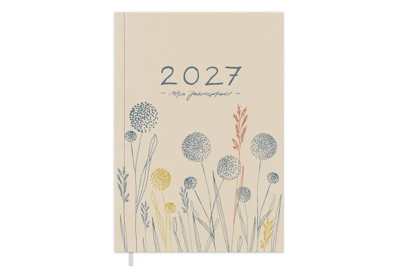 Eine der Guten Verlag Terminkalender Terminkalender Terminplaner 2027 - 365 gute Tage A5, Creme Blau, 1 Seite/ Tag, 408 S. FSC-Papier, Softcover, klimaneutral, Beige|blau|gelb|rot, – Produktbild 1 von 5