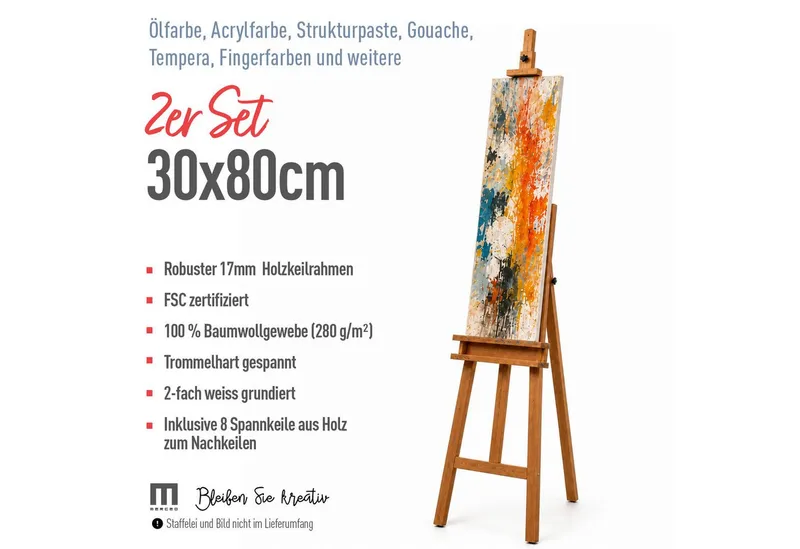 M MERCEO Leinwand, 2er-Set Leinwand 30x80cm (zum Bemalen, Baumwolle, Keilrahmen, Weiß, – Produktbild 2 von 5
