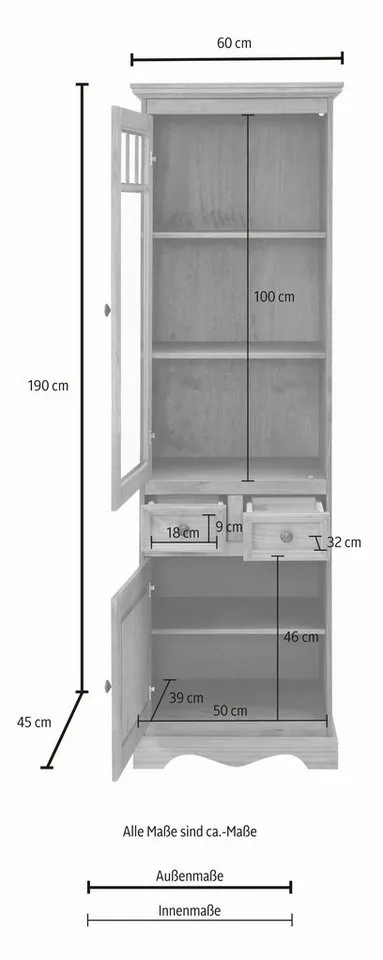OTTO home Vitrine Melissa Hochschrank mit 2 Türen und 2 Schubläden, Metallknopfgriffe Kiefernholz, natürliche Maserung, 2 Türen, eine davon mit Glaseinsatz, Weiß, – Produktbild 2 von 2