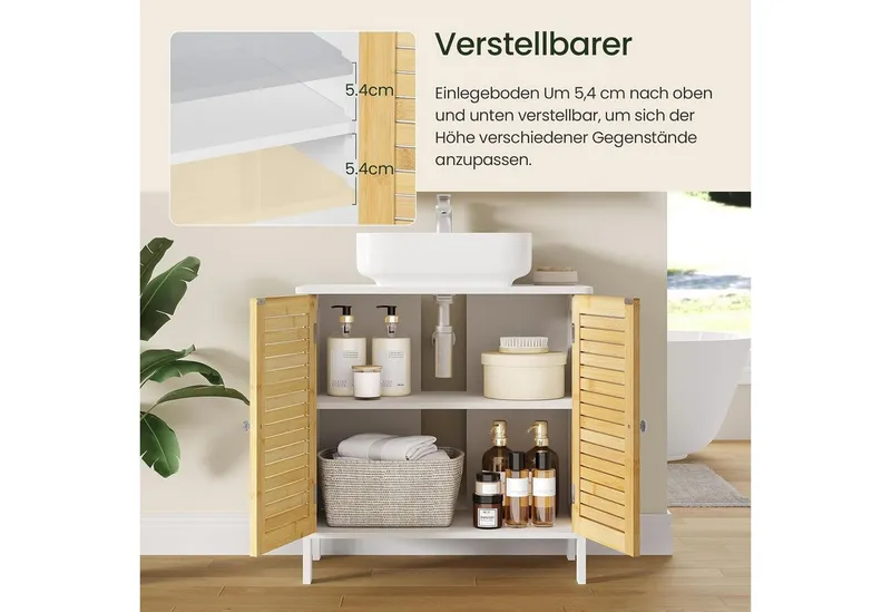 EUGAD Waschbeckenunterschrank (1-St) Unterschrank aus Bambus, 60x60x30 cm, Weiß, – Produktbild 4 von 5