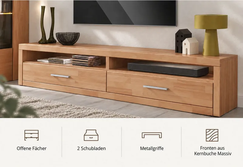 OTTO home Lowboard Ribe,180cm breit, Fronten Massivholz,4 Fächer,Kabeldurchführung, Holz massiv, Holzwerkstoff, Metall Griffe,2 Klappen, Braun, – Produktbild 2 von 4