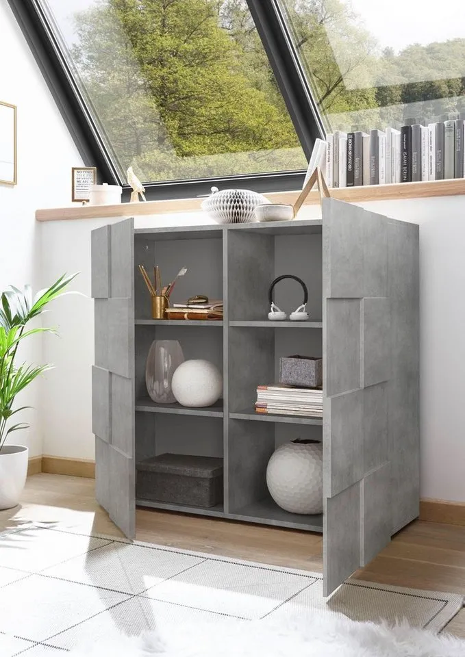 Home affaire Highboard Dama Höhe 111 cm, Breite 121 cm, Kommode 2 Türen, Hochkommode, Front in 3D-Optik, viel Stauraum, verschiedene Farben, Grau, – Produktbild 5 von 8