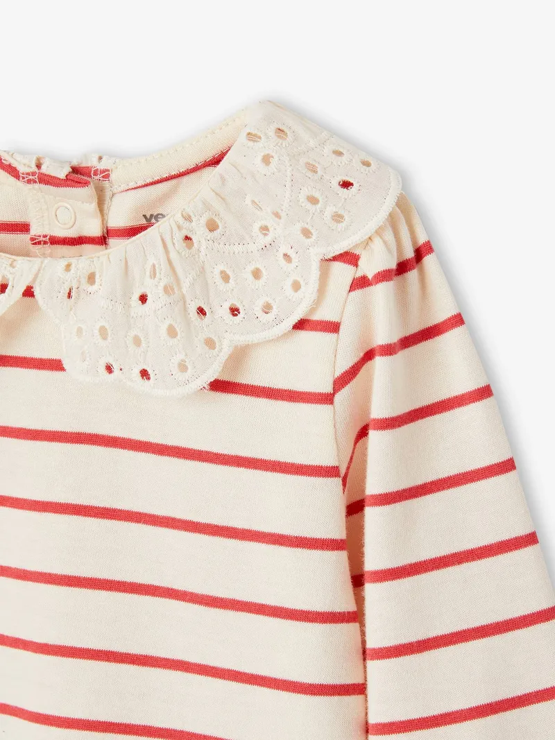 Vertbaudet Baby Shirt Kragen mit Lochstickerei, Rot gestreift, – Produktbild 2 von 3