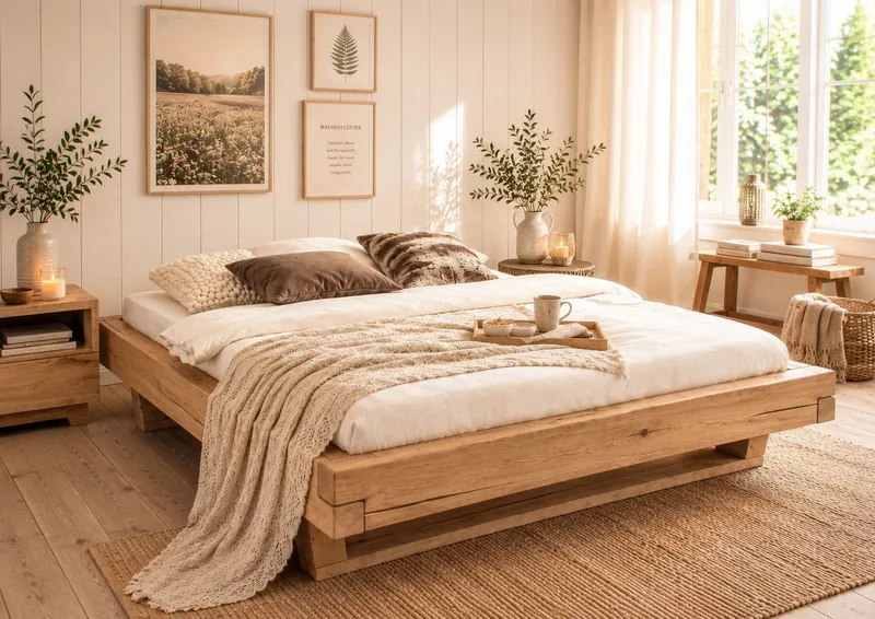 OTTO home Massivholzbett Ultima, hohe Belastbarkeit, Futonbett ohne Kopfteil (3-tlg), aus Eiche oder Fichte, FSC-zertifiziert, in vielen Breiten, Beige, – Produktbild 1 von 8