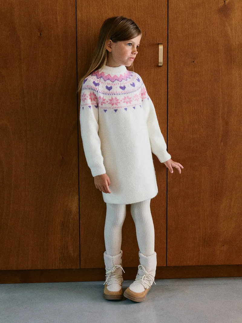 Vertbaudet Mädchen Strickkleid mit Norwegermuster 42% Recycling-Polyester GRS-zertifiziert, Wollweiß, – Produktbild 1 von 4