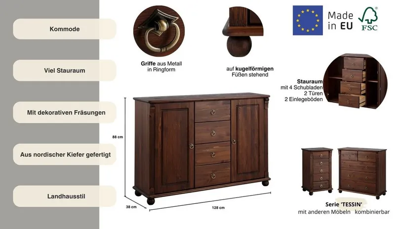 OTTO home Kombikommode Tessin, Buffetunterschrank, klassischer Landhausstil, aus massiver, FSC®-zertifizierter Kiefer, 128cm breit, Braun, – Produktbild 3 von 5
