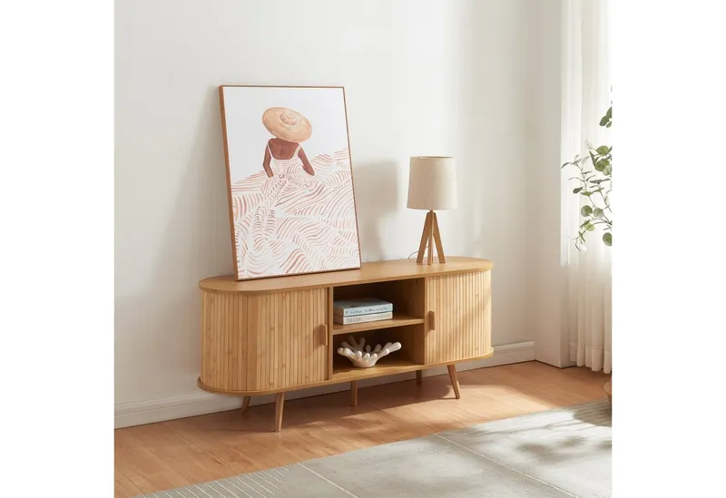 en.casa Sideboard, »Nordkapp« mit 2 Türen 140 x 40 x 56 cm Holz Bambus, Beige, – Produktbild 2 von 5
