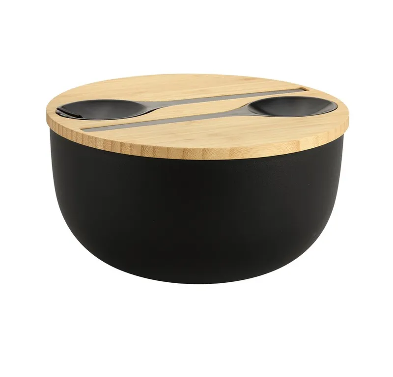 Kesper Kesper Salatschüssel inkl. Salatbesteck, Polypropylen, (Set, 4-tlg), Deckel aus FSC®-zertifiziertem Bambus, Schwarz, – Produktbild 2 von 3