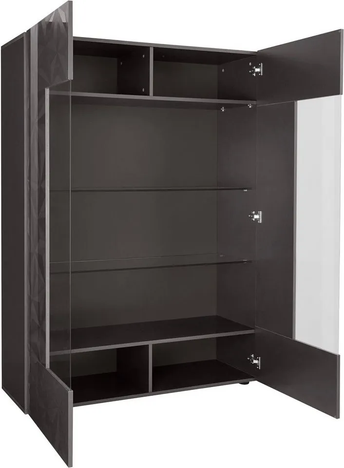 Home affaire Vitrine Prisma Höhe 166 cm, Breite 121 cm, Stauraumvitrine mit 2 Türen, Standvitrine - Front mit elegantem Siebdruck, grifflos, viel Stauraum, Grau, – Produktbild 4 von 5