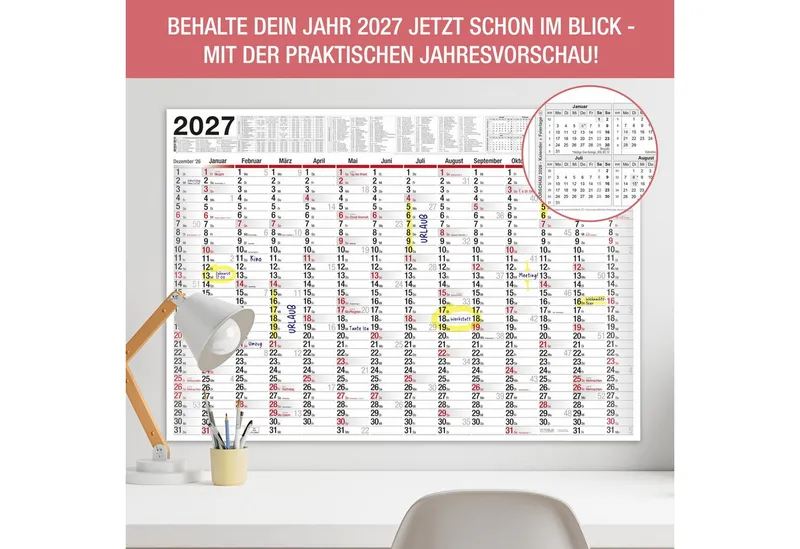 TOBJA Wandkalender Wandkalender 2027 XXL B1 Gerollt 70x100 cm Jahresplaner, 14 Monate, Ferien DE/AT, KW, FSC, gerollt, Weiß, – Produktbild 5 von 5