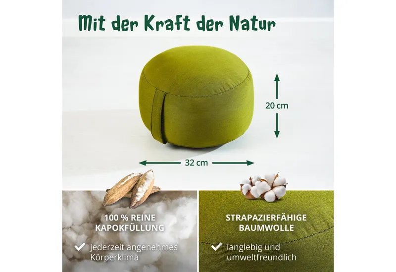livasia Meditationskissen Zafukissen (Basic) - 32x20cm, Kapok, vegan, handgefertigt, Grün, – Produktbild 4 von 5