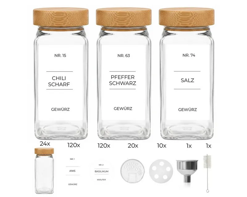 mixed24 Gewürzstreuer 24x Gewürzgläser mit Bambus Deckel, (inkl. 240 Etiketten, 30x Streueinsätze, 24-tlg), 1x Edelstahl Trichter, 1x Reinigungsbürstchen – Produktbild 2 von 5