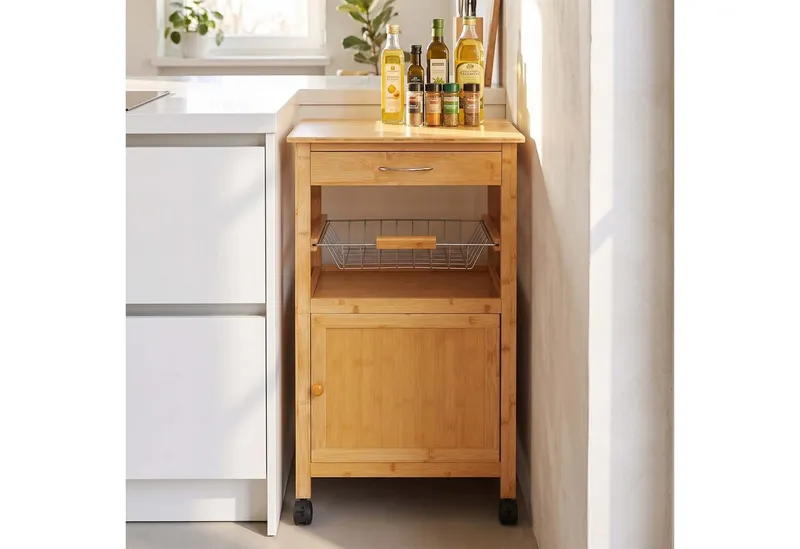 RELAXDAYS RELAXDAYS Küchenwagen Bambus Küchenwagen mit Schrank & Korb, (2 St), Braun|silberfarben, – Produktbild 5 von 5